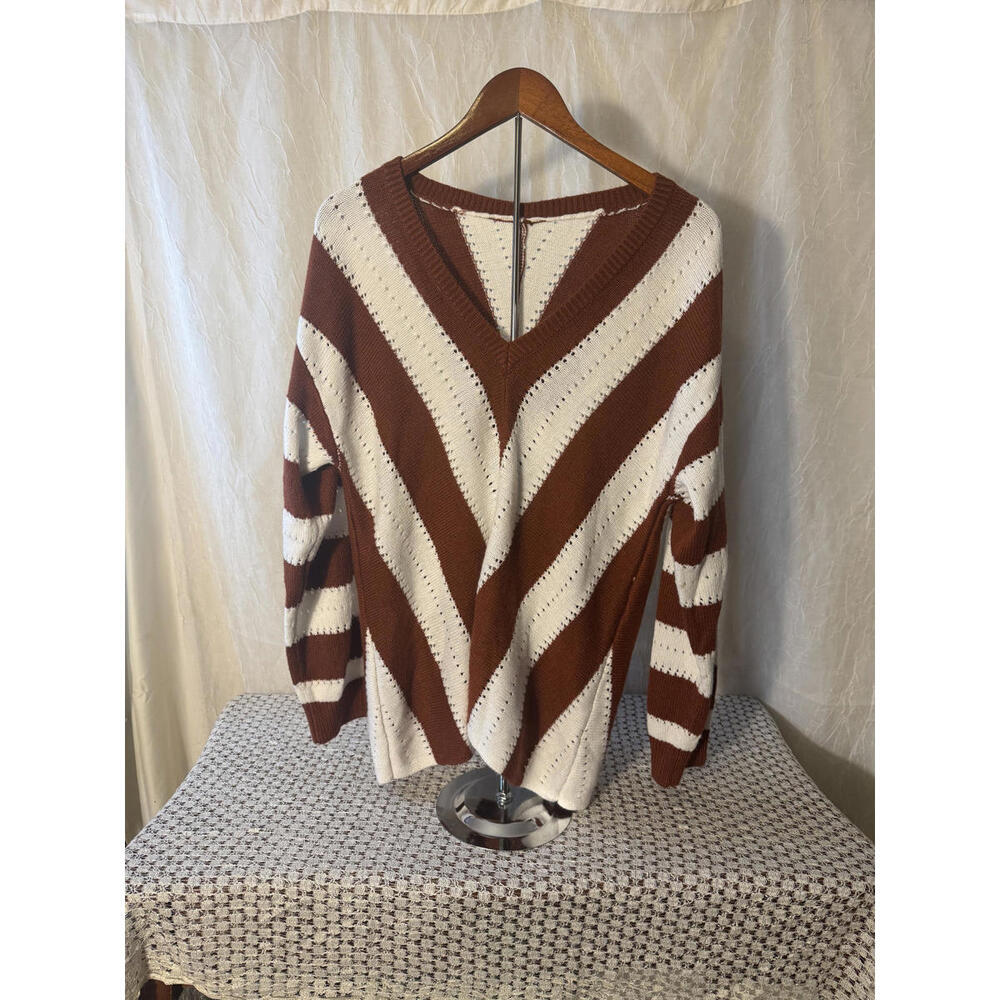 Brown and White Striped V-Neck Knit Oversized Long-Sleeved Sweater Size Large